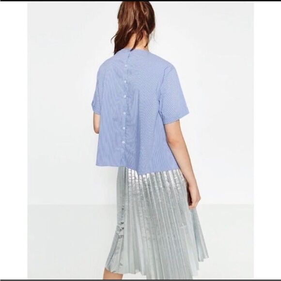 ZARA | NEW Blue & White Striped Poplin Tie Front Button Back Top Women’s Size XL - Picture 2 of 10